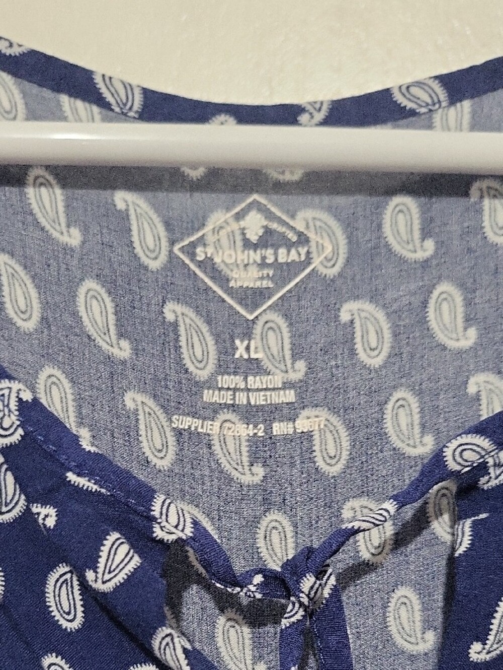 St. John's Bay Navy and White Paisley Tie-Front Short Sleeve Blouse - Picture 2 of 6